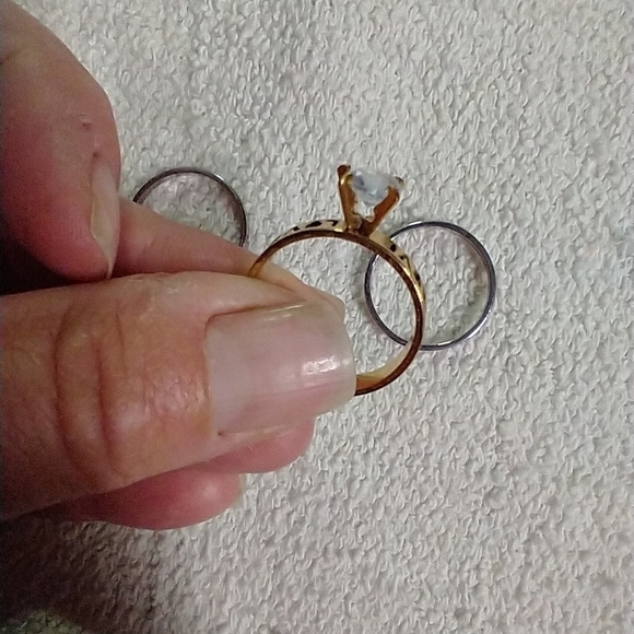 Two tone silvertone goldtone love ❣️ crystal ring 3 rings in total stainless st. - Picture 3 of 6